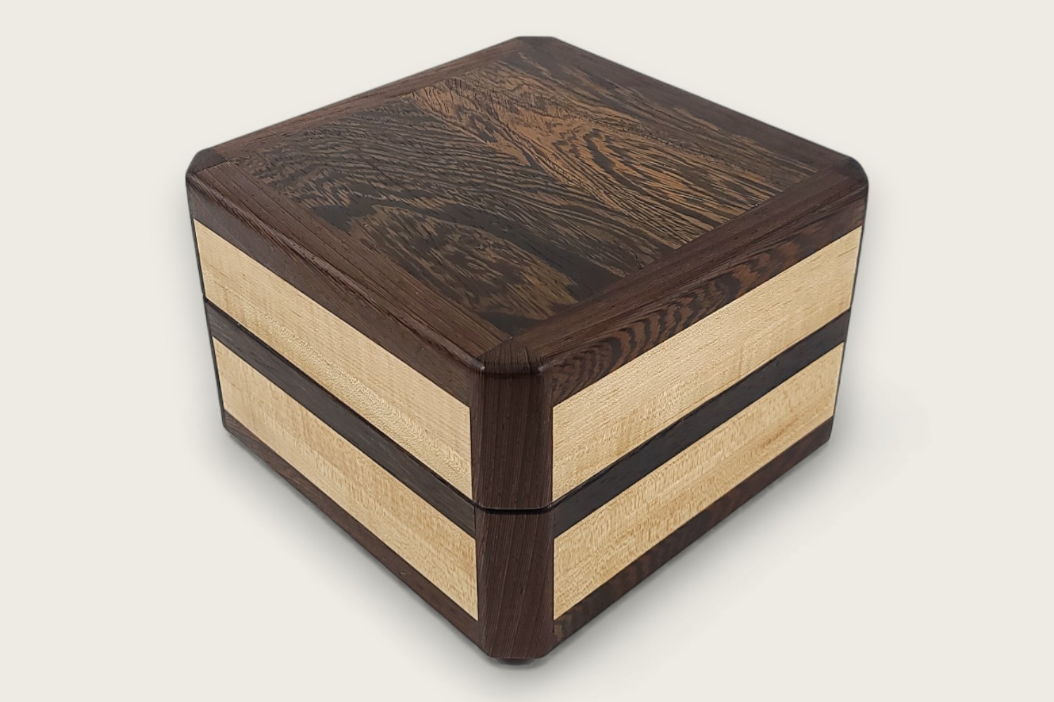 Maple & Wenge Keepsake Box (#390) with light maple edge grain, square shape, and smooth tung oil finish.